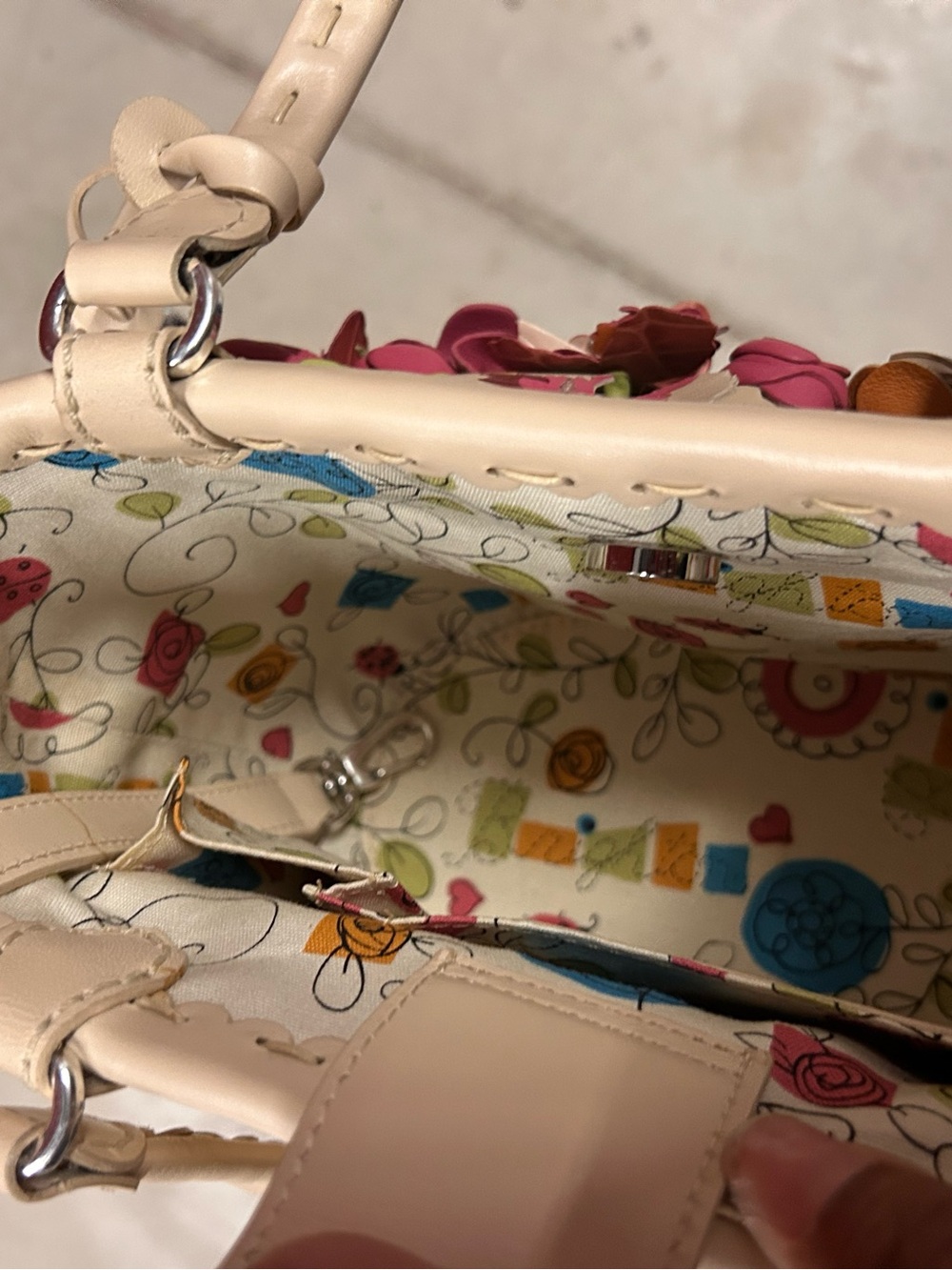 Brighton Cream Straw Tote with Pink, Orange, Green & Purple Floral Appliqués - Picture 2 of 4